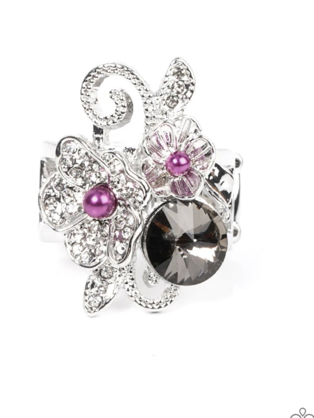 Silver Floral Cocktail Ring with Purple Accents